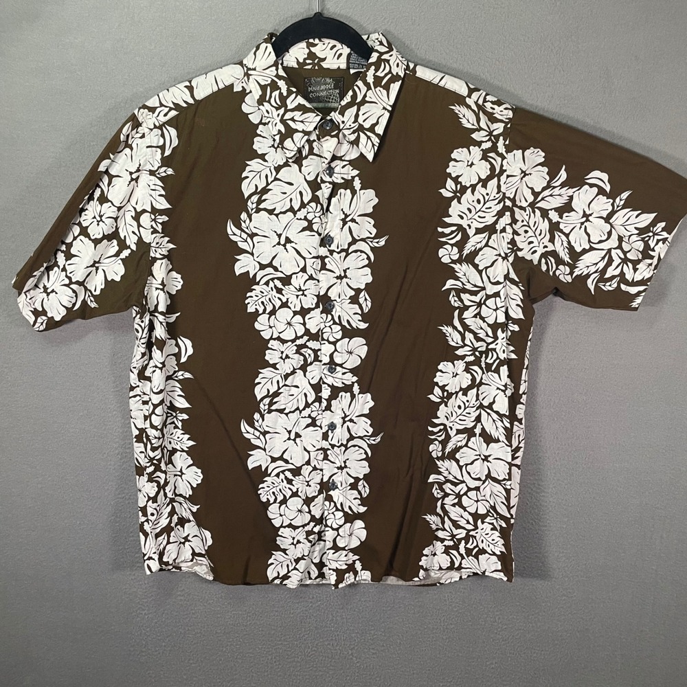 Pineapple Connection Mens XL Hawaiian Shirt Brown Floral Aloha‎ Cotton